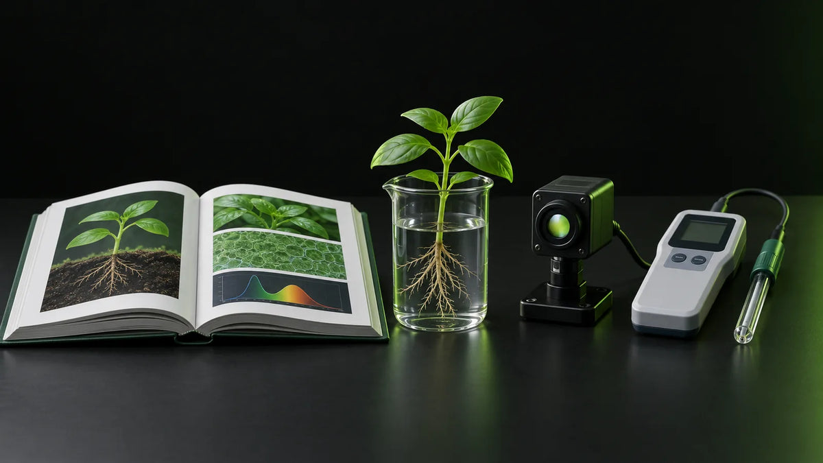 Aufgeschlagenes Fachbuch neben Sämling im Becherglas, Lichtsensor und pH-Messgerät – Symbolbild für das Grow-Handbuch