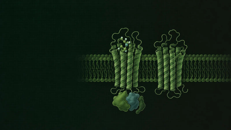 Stilisierter Membranrezeptor mit sieben Helixabschnitten in einer Zellmembran, darunter ein gekoppeltes Signalprotein, in Dunkelgrün und Graphit mit hellgrünen Akzenten.