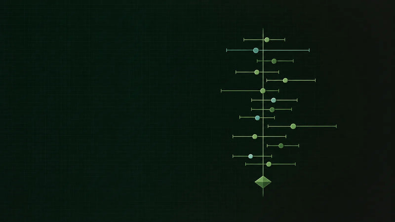 Abstrakte Grafik aus hellgrünen Datenpunkten und Konfidenzbalken auf dunkelgrünem Grund.