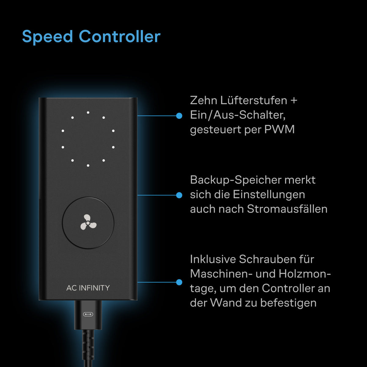 AC Infinity Luftfilter-Set – Infografik Drehzahlregler