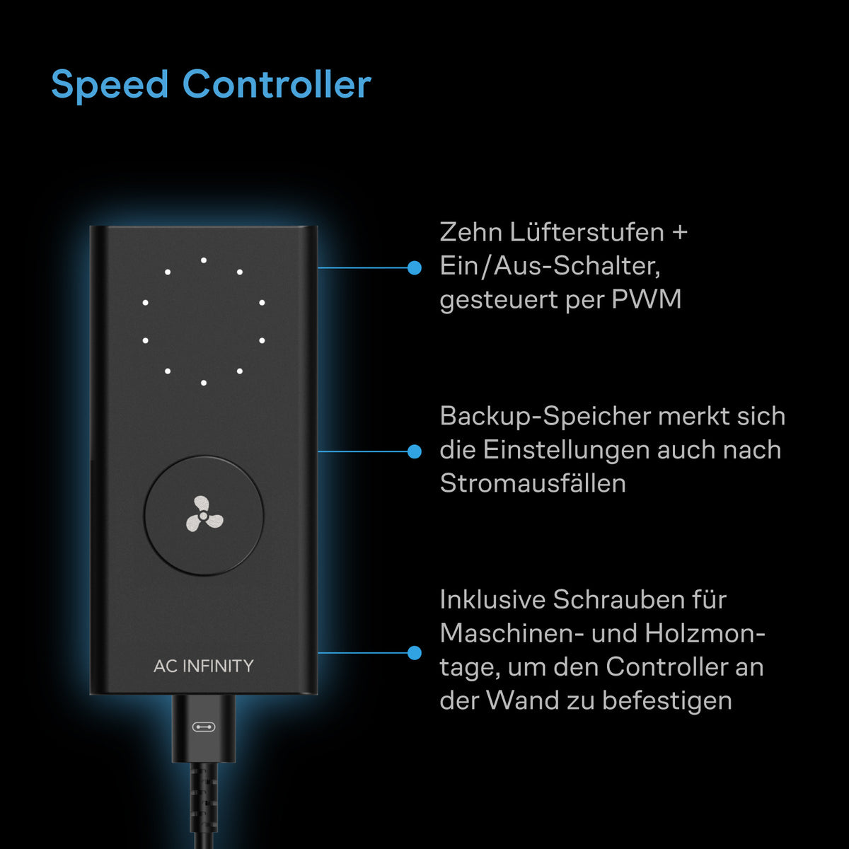 AC Infinity Luftfilter-Set – Infografik Speed Controller