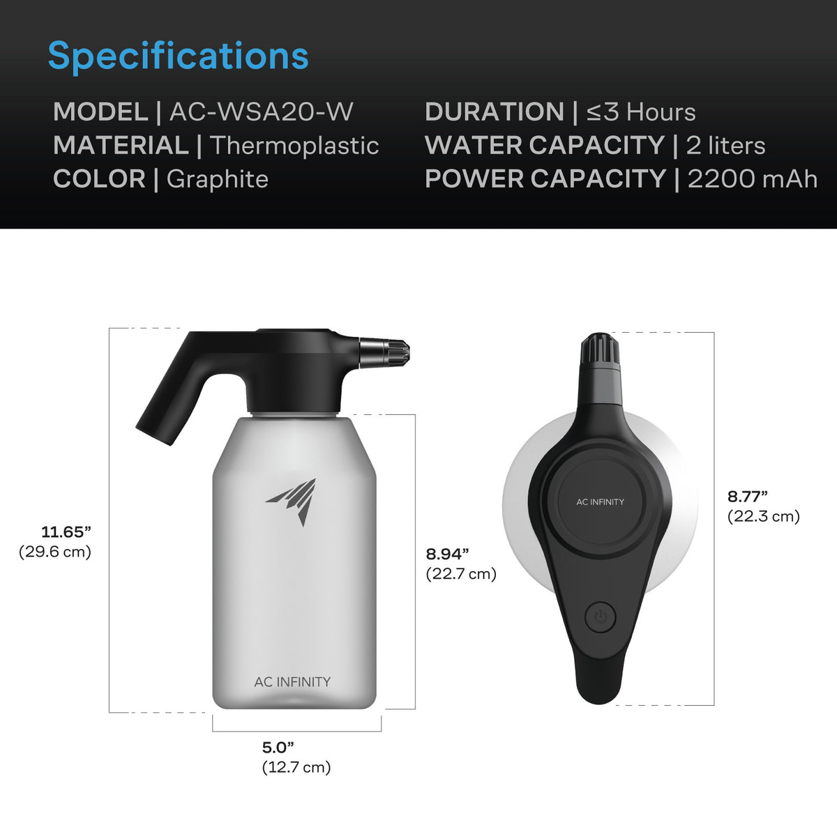 AC Infinity automatischer Wassersprüher – Technische Daten und Maße