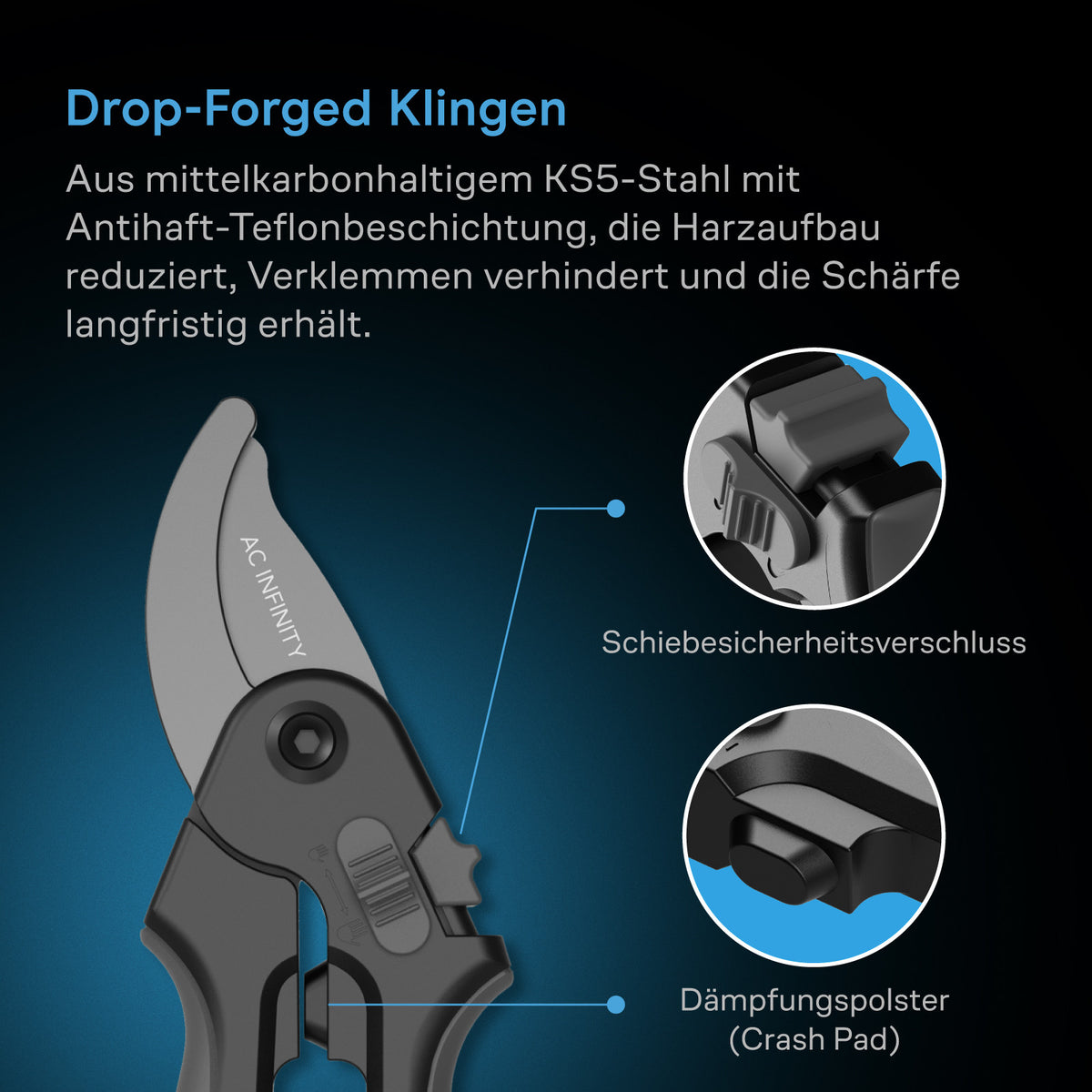 AC Infinity Präzisionsschere – Infografik Drop-Forged Klingen