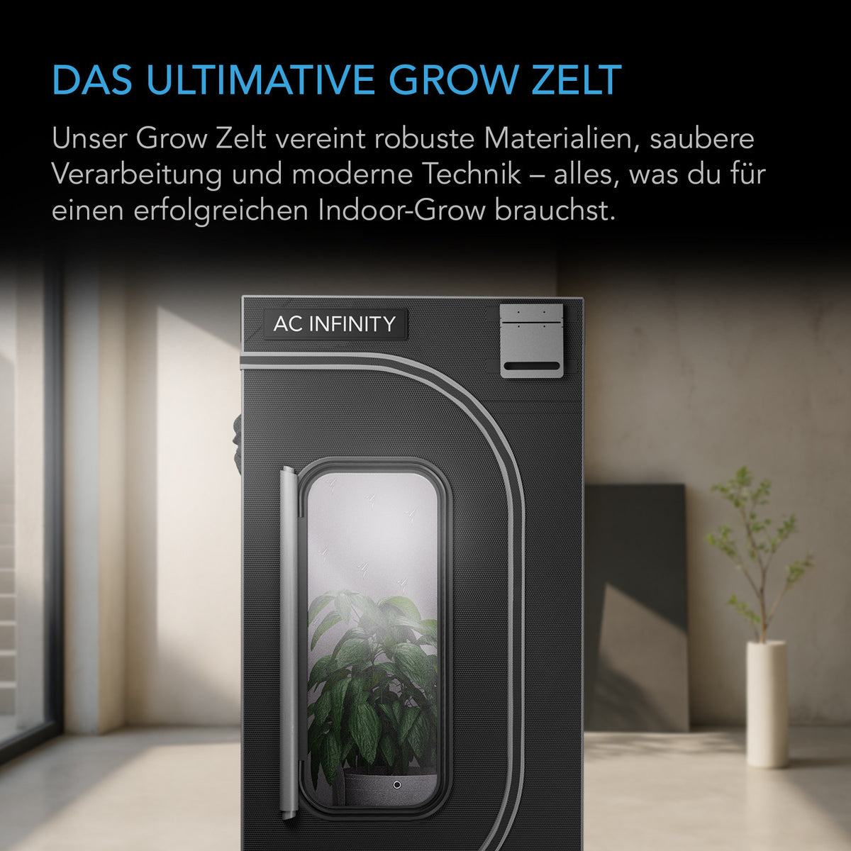 AC Infinity CLOUDLAB 866 – Infografik Zelt-Frontansicht mit geschlossener Tür und Sichtfenster in hellem Raum