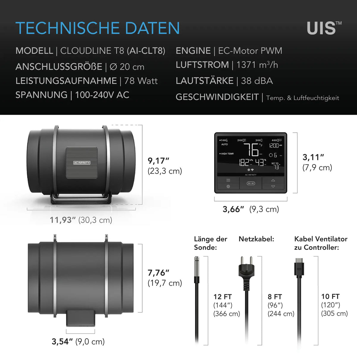 AC Infinity CLOUDLINE T8 – Technische Daten und Maße