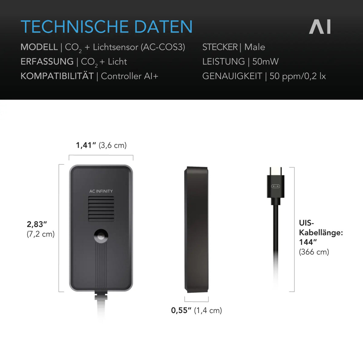 AC Infinity CO₂- und Lichtsensor – Technische Daten und Maße