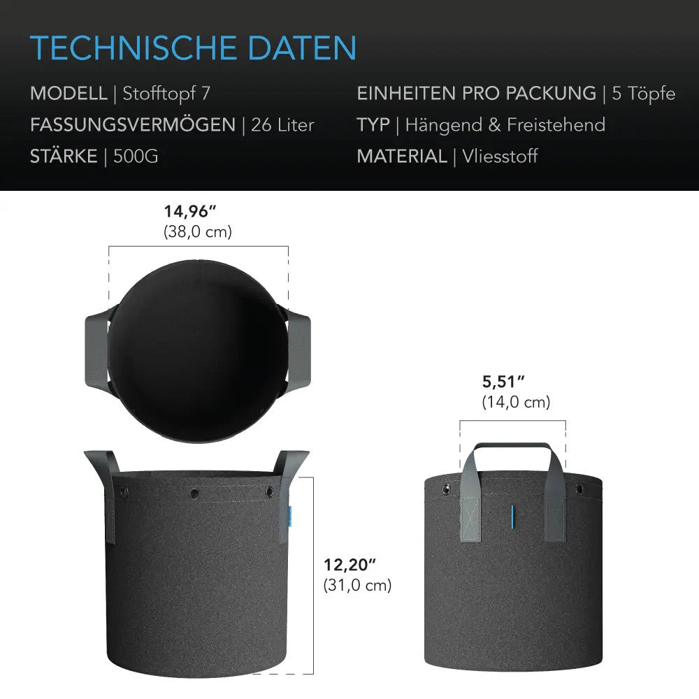AC Infinity Schwerlast-Stofftöpfe – Technische Daten und Maße