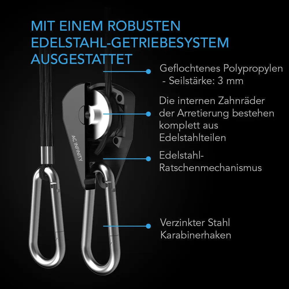AC Infinity Seilaufhänger – Infografik Mit einem robusten Edelstahl-Getriebesystem ausgestattet