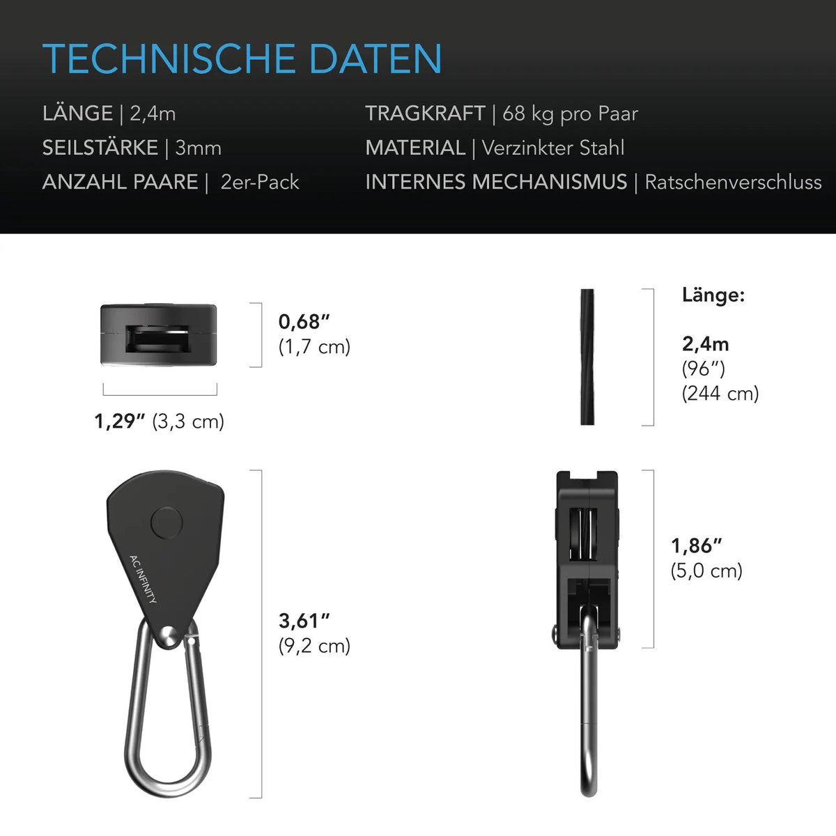 AC Infinity Seilaufhänger – Technische Daten und Maße