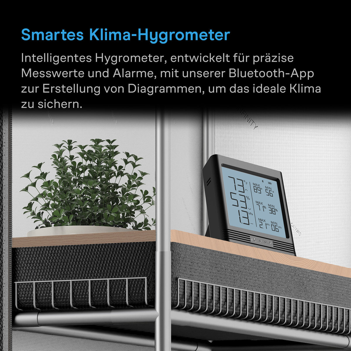 AC Infinity CLOUDCOM B2 – Infografik Smartes Klima-Hygrometer