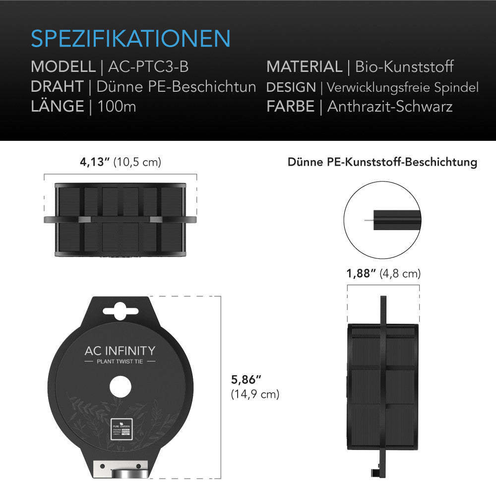 AC Infinity Bindedraht mit Schneider – Technische Daten und Maße