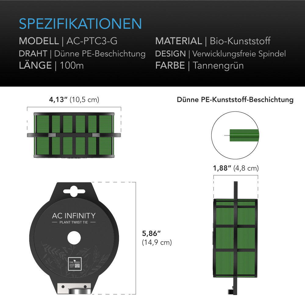 AC Infinity grüner Pflanzen-Bindedraht – Technische Daten und Maße