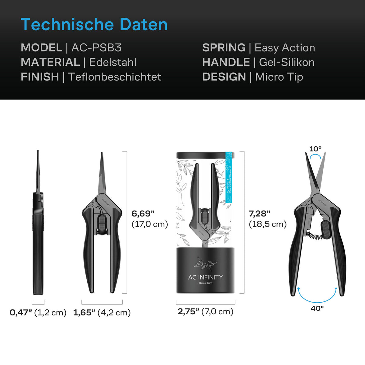 AC Infinity Edelstahl-Astschere – Technische Daten und Maße