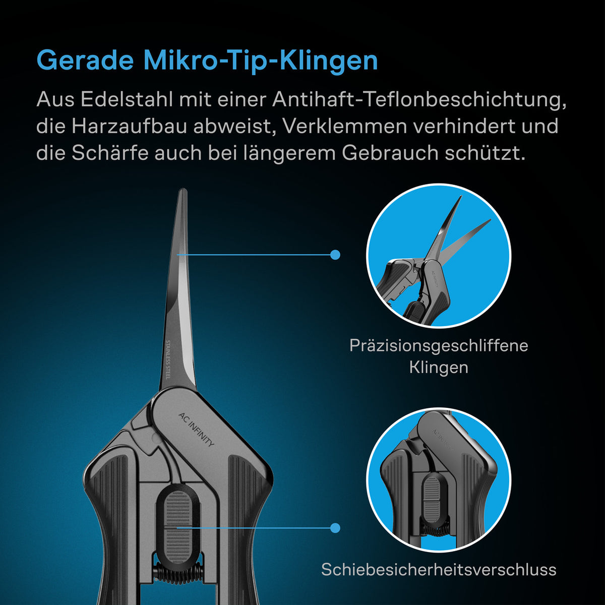 AC Infinity gebogene Mikrospitzenschere – Infografik Gerade Mikro-Tip-Klingen