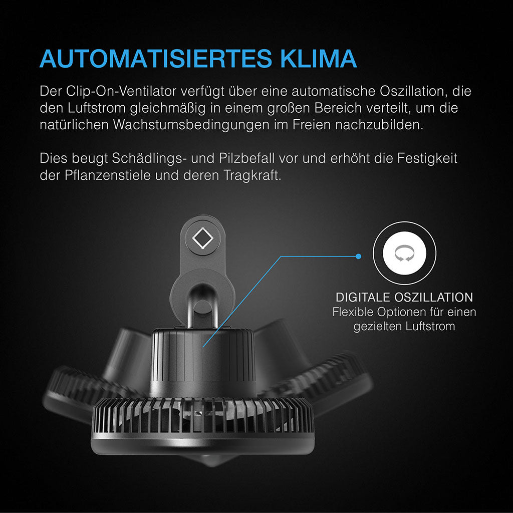 AC Infinity AI+ Grow-Zelt-System 60 × 120 × 180 cm – Infografik Automatisiertes Klima: Clip-Ventilator mit Oszillation