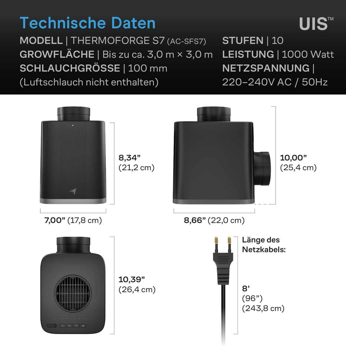 AC Infinity THERMOFORGE S7 – Technische Daten und Maße