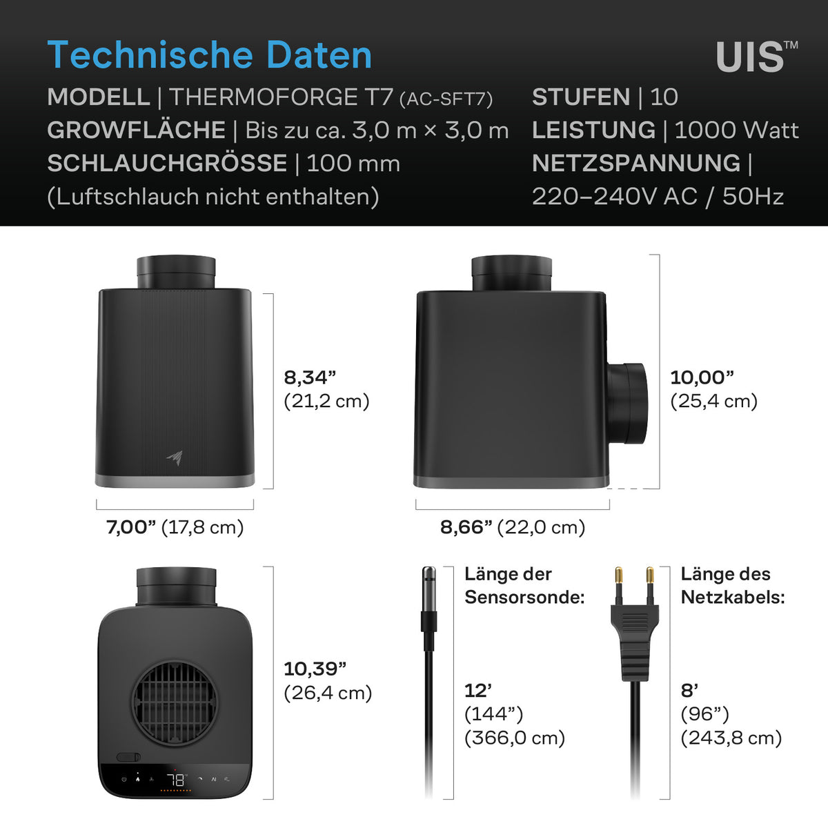 AC Infinity THERMOFORGE T7 – Technische Daten und Maße
