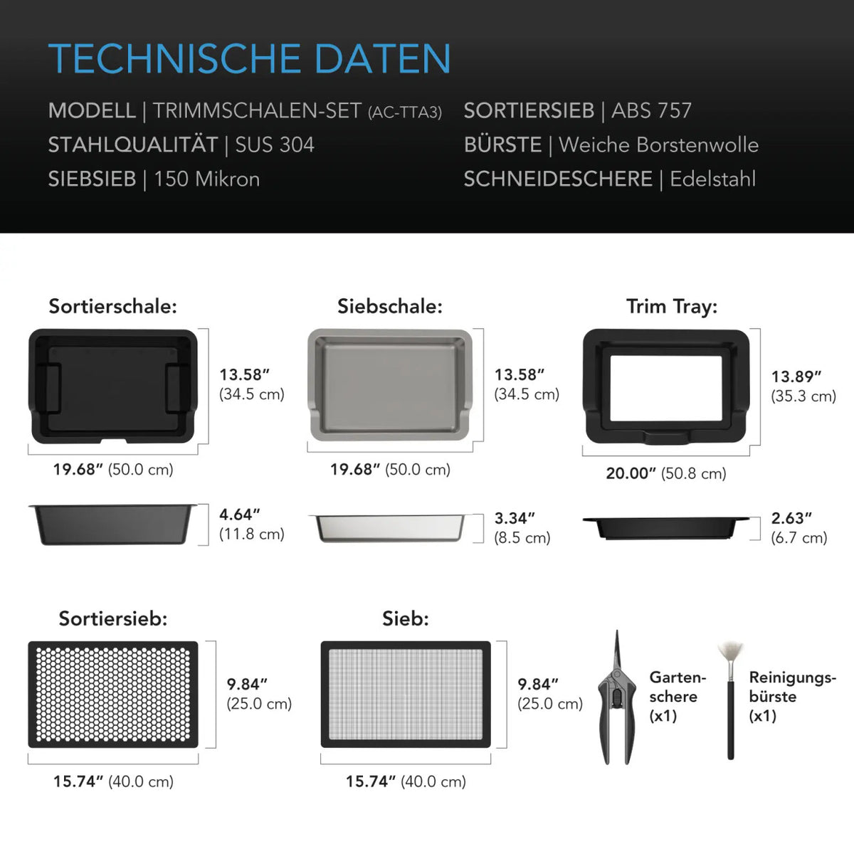 AC Infinity großes Trim-Tablett-System – Technische Daten und Maße