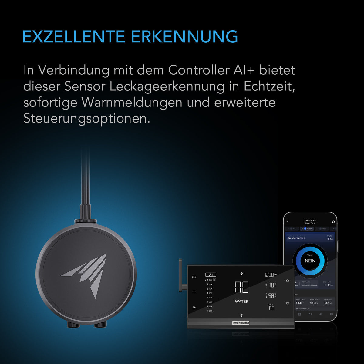 AC Infinity Wassersensor für CONTROLLER AI+ – Infografik Exzellente Erkennung