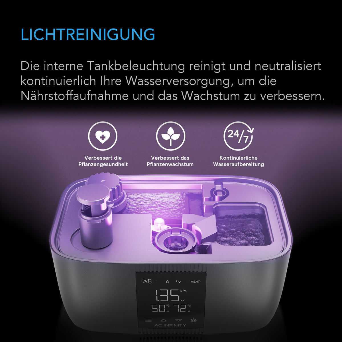 UV-Lichtreinigung im Wassertank des AC Infinity CLOUDFORGE T5