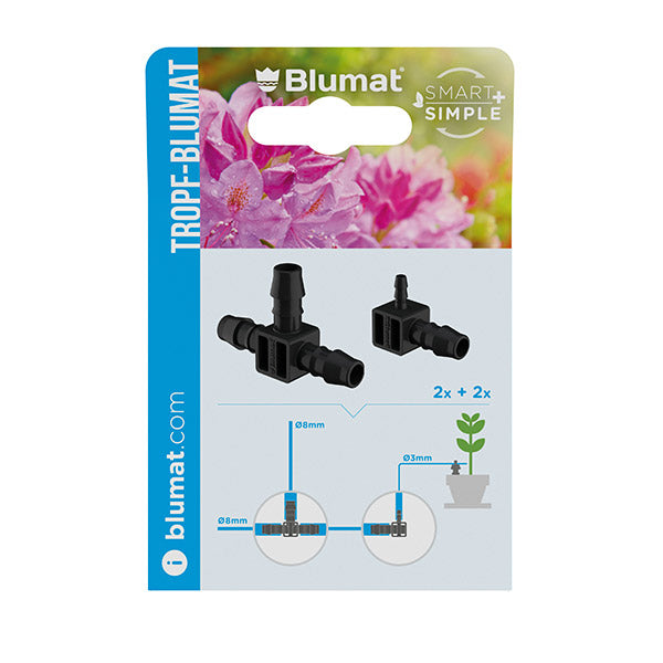 Blumat Schlauchabzweigung 8-8-8 mm und Endstück 8-3 mm, Verpackung Vorderseite
