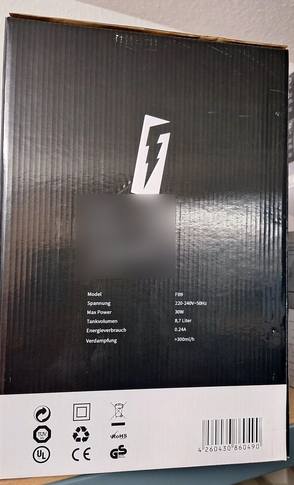 Taifun Fog Box IX, Rückseite des Kartons mit technischen Daten