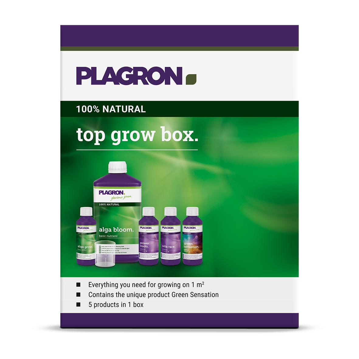 Plagron Top Grow Box 100% NATURAL, Verpackung, Düngerset mit Alga Grow, Alga Bloom, Power Roots, Vita Race und Green Sensation