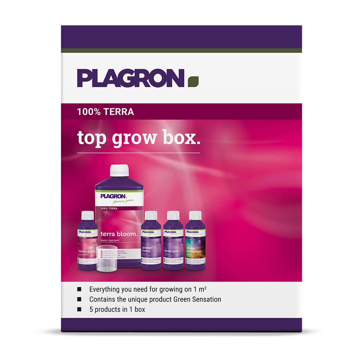 Plagron Top Grow Box 100% TERRA, Verpackung, Düngerset mit Terra Grow, Terra Bloom, Power Roots, Pure Zym und Green Sensation