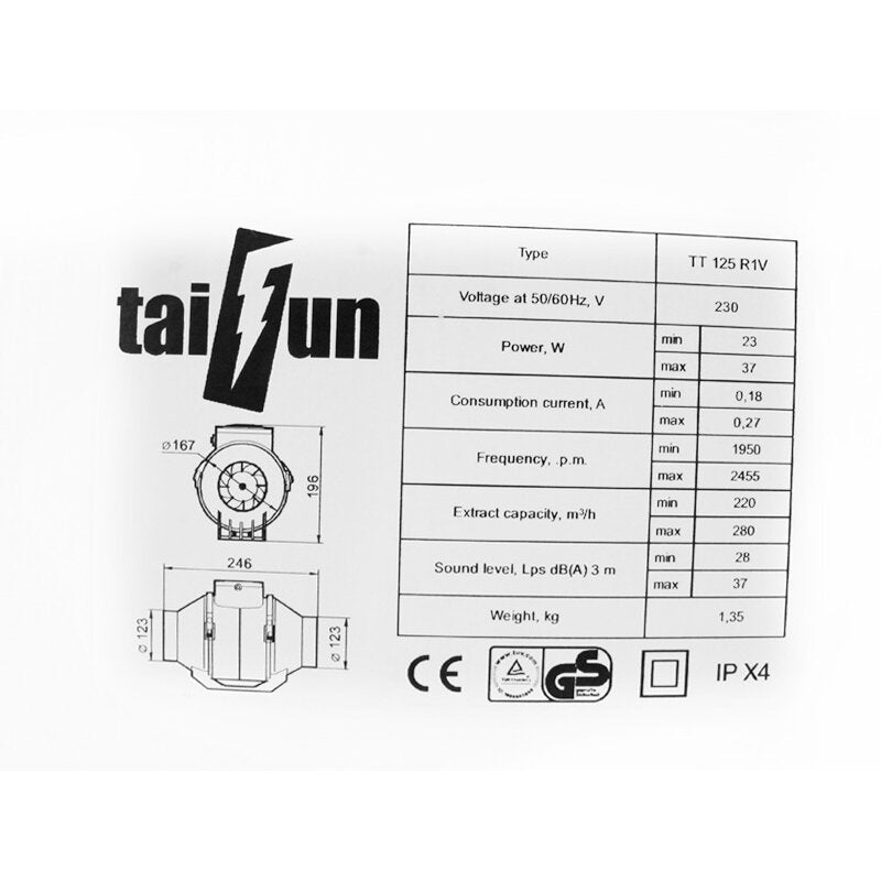 Taifun 2 Speed Inline Ventilator 220/280m³/h 125mm Flansch
