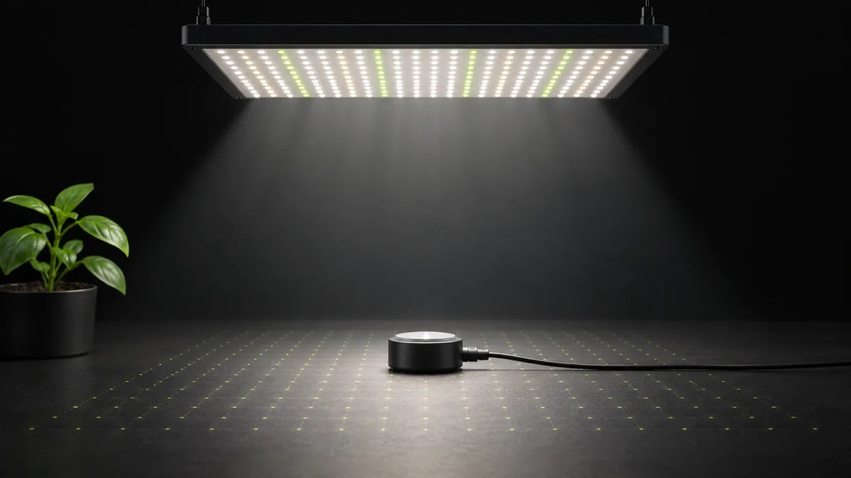 LED-Pflanzenleuchte über einem Quantensensor – PPFD und DLI messen