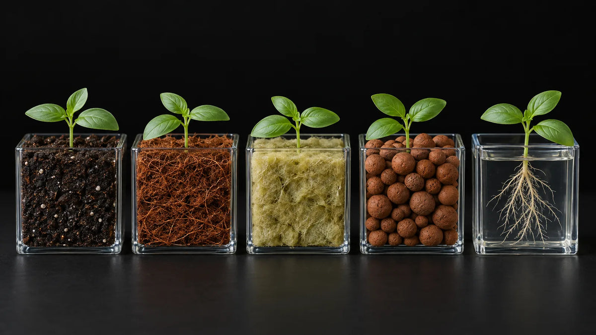 Fünf Substrate im Querschnitt: Erde, Coco, Steinwolle, Blähton, Wasser – Substrate verstehen