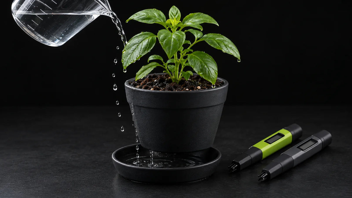Gießen mit Messkanne und Run-off im Untersetzer, pH- und EC-Stift – Wasserqualität und Gießtechnik