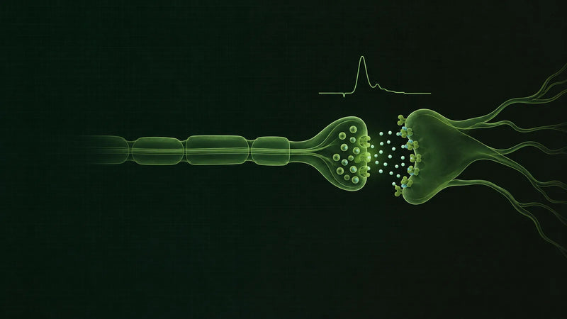 Schematische Darstellung einer Nervenzelle mit Rezeptoren an der Synapse in Dunkelgrün und Graphit, daneben eine abstrakte Messkurve.