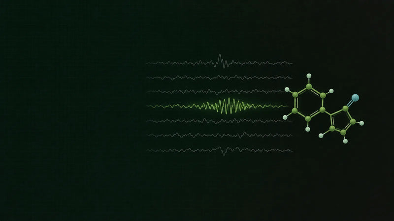 Abstrakte EEG-Kurven einer Labornacht als feine Linien auf dunkelgrünem Grund, ein Kurvenabschnitt hellgrün hervorgehoben.