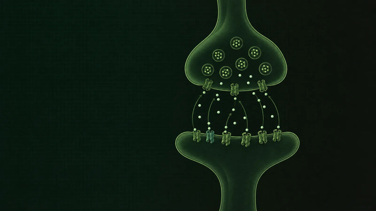 Schematische Synapse mit zwei Nervenendigungen, zwischen denen kleine Signalmoleküle in Gegenrichtung wandern, in Dunkelgrün und Graphit mit hellgrünen Akzenten.