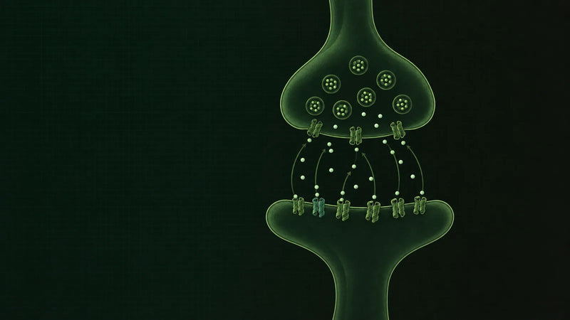 Schematische Synapse mit zwei Nervenendigungen, zwischen denen kleine Signalmoleküle in Gegenrichtung wandern, in Dunkelgrün und Graphit mit hellgrünen Akzenten.