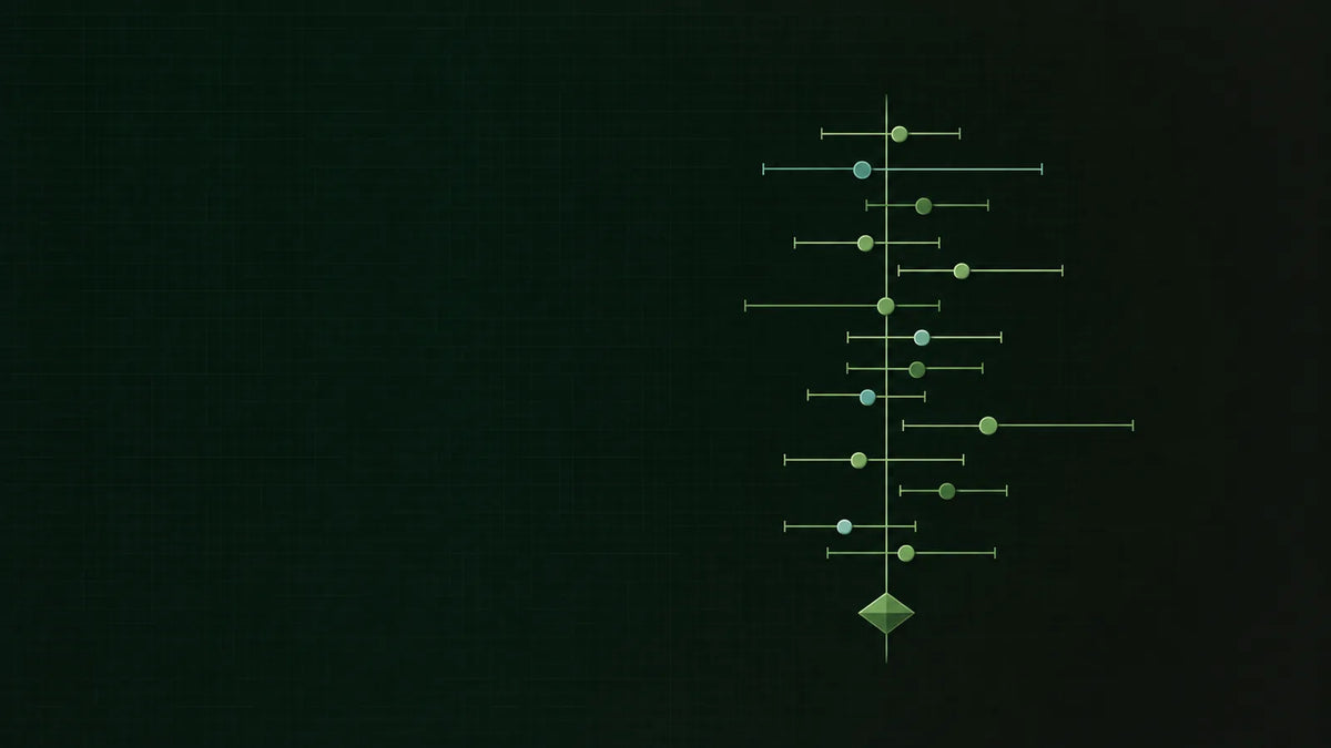 Abstrakte Grafik aus hellgrünen Datenpunkten und Konfidenzbalken auf dunkelgrünem Grund.