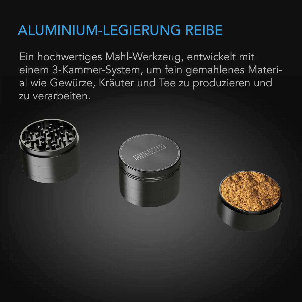 AC Infinity 3-Kammer-Grinder – Infografik Aluminium-Legierung Reibe