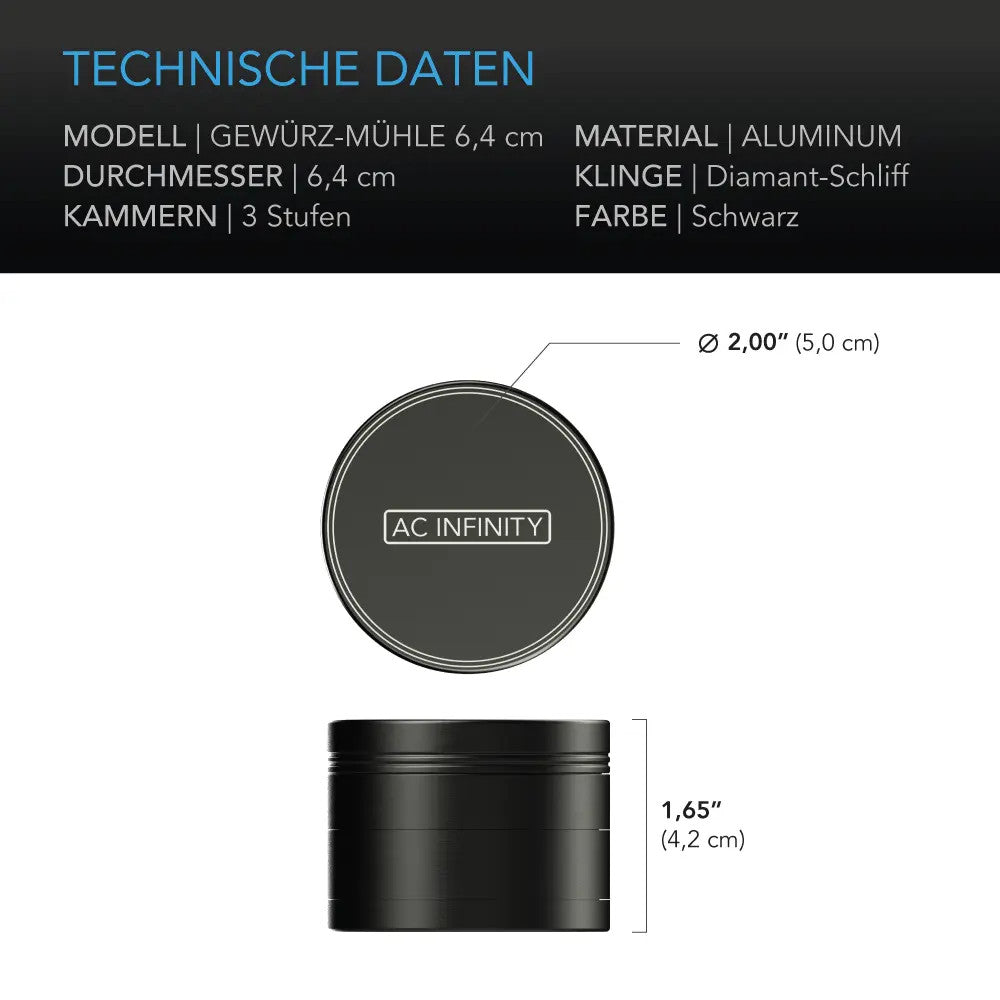 AC Infinity 3-Kammer-Grinder – Technische Daten und Maße