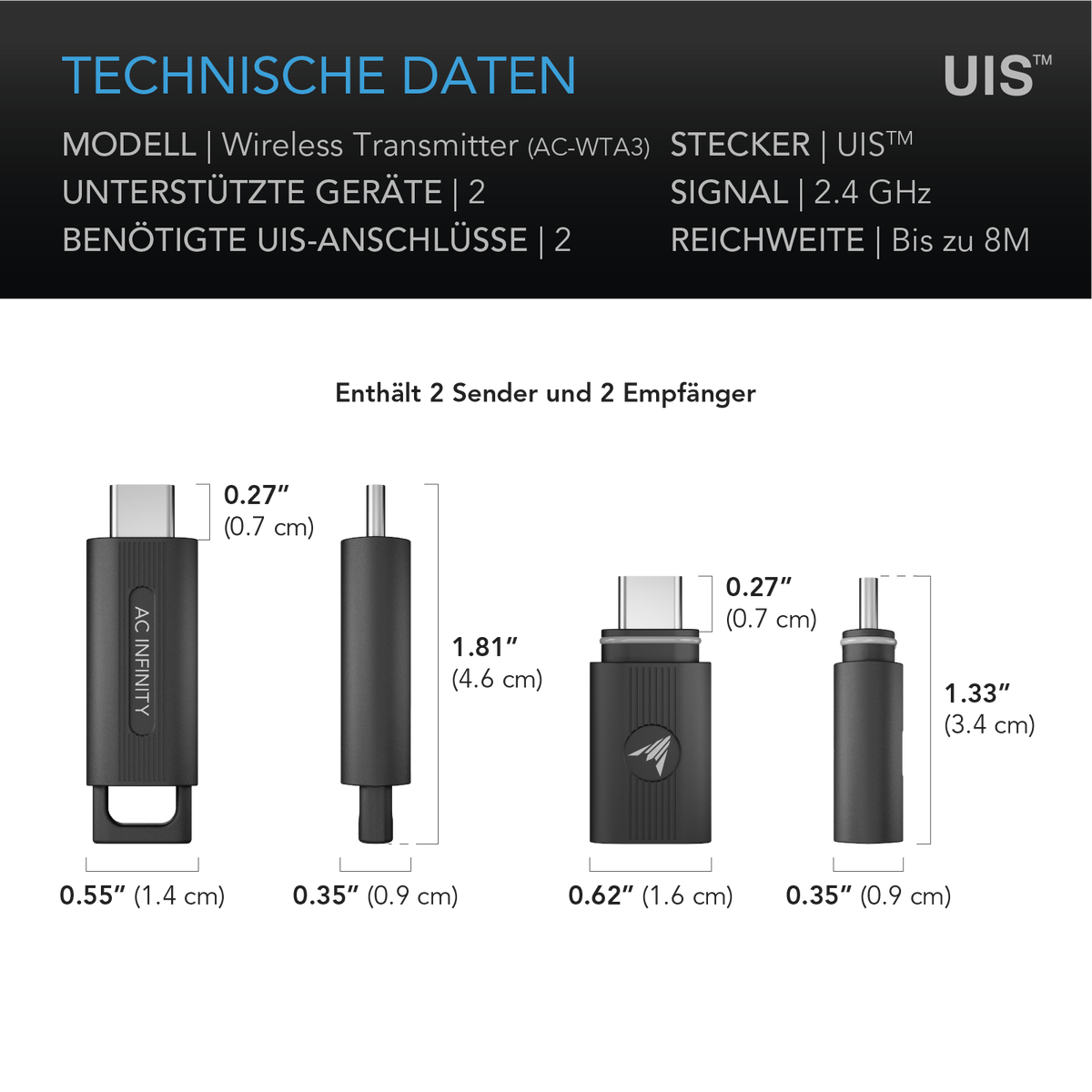 AC Infinity UIS Sender und Empfänger – Technische Daten und Maße