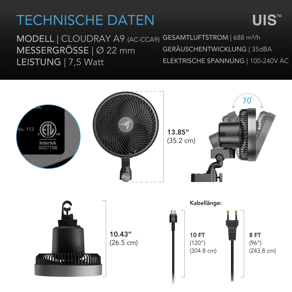 AC Infinity CLOUDRAY A9 – Technische Daten und Maße