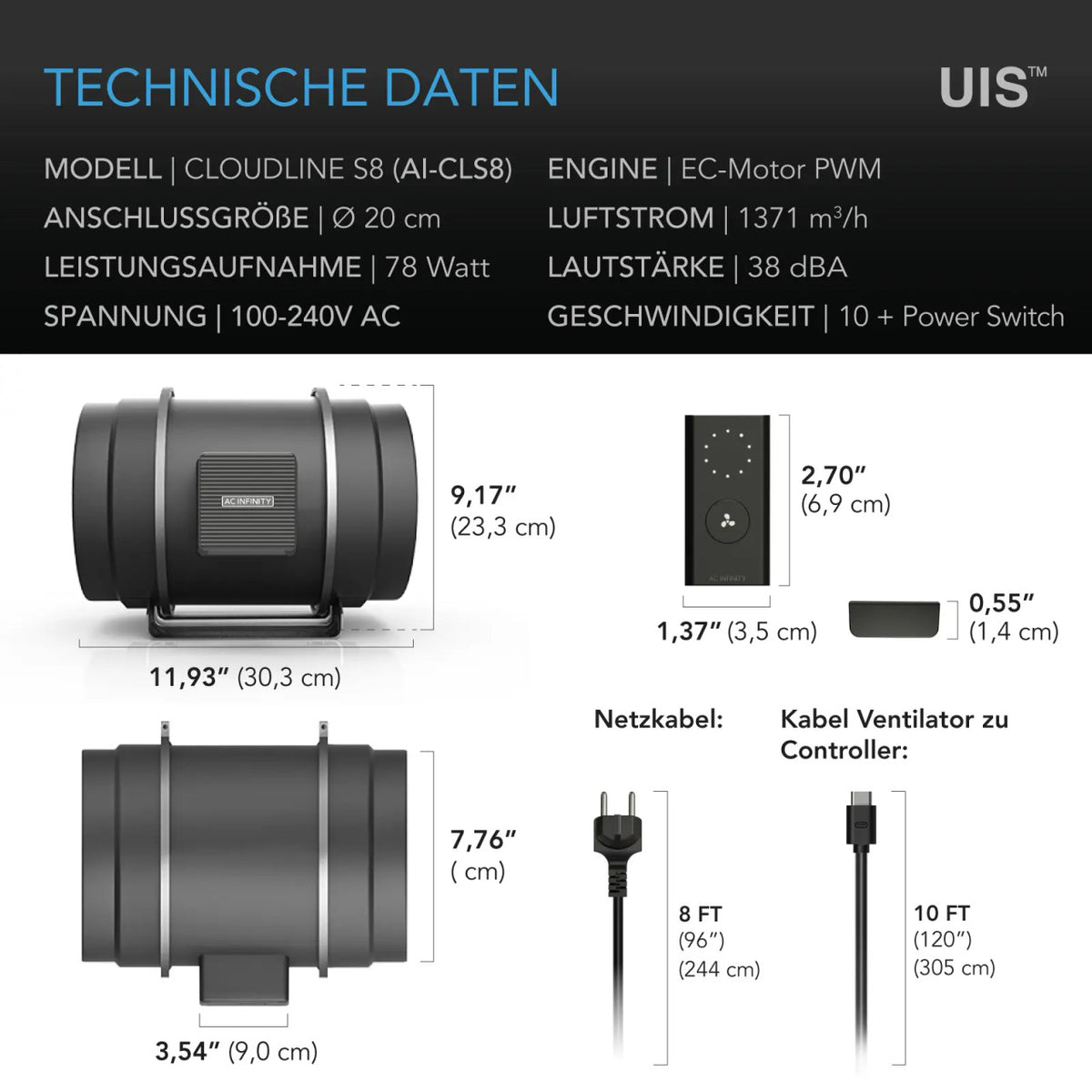 AC Infinity CLOUDLINE S8 – Technische Daten und Maße