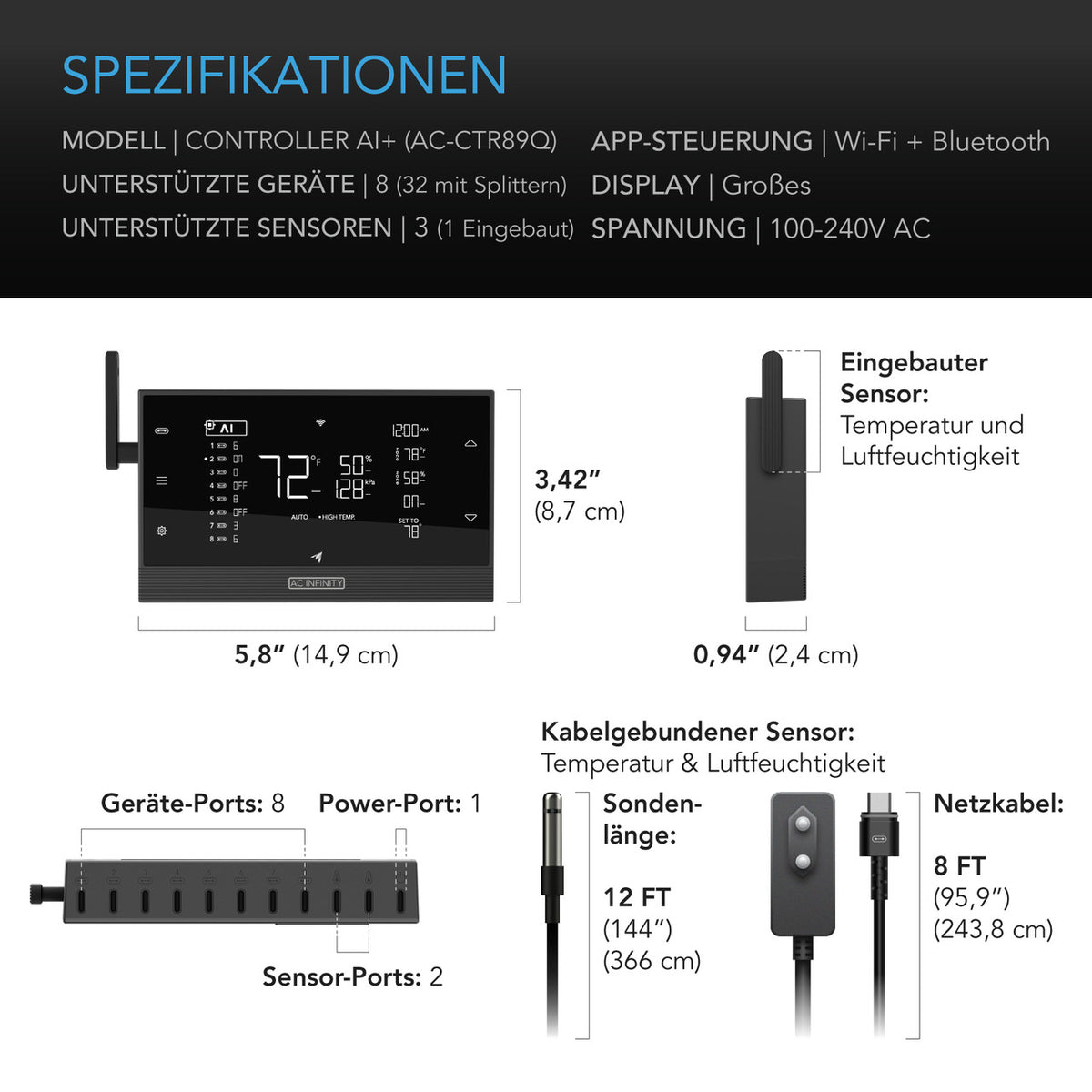 AC Infinity CONTROLLER AI+ – Technische Daten und Maße
