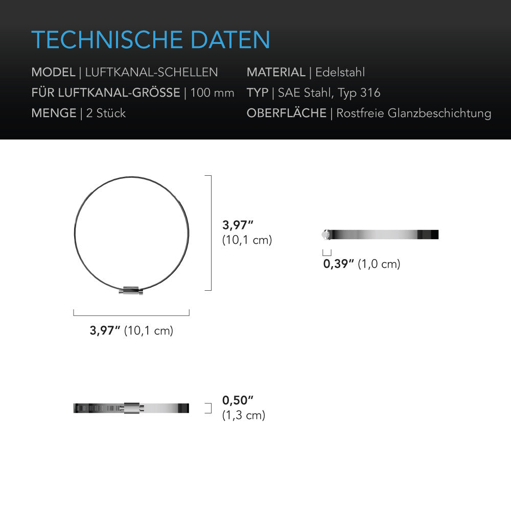 AC Infinity Edelstahl-Rohrschellen – Technische Daten und Maße