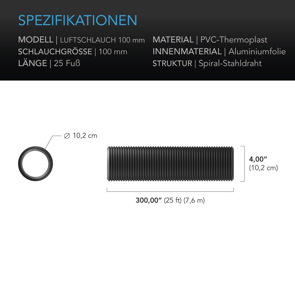 AC Infinity flexibler Luftschlauch – Technische Daten und Maße