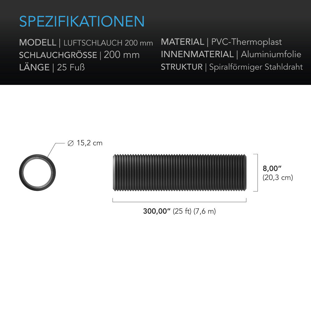 AC Infinity Luftschlauch – Technische Daten und Maße