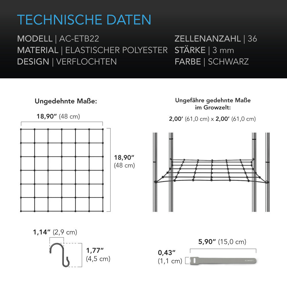 AC Infinity Grow-Zelt-Gitternetz – Technische Daten und Maße