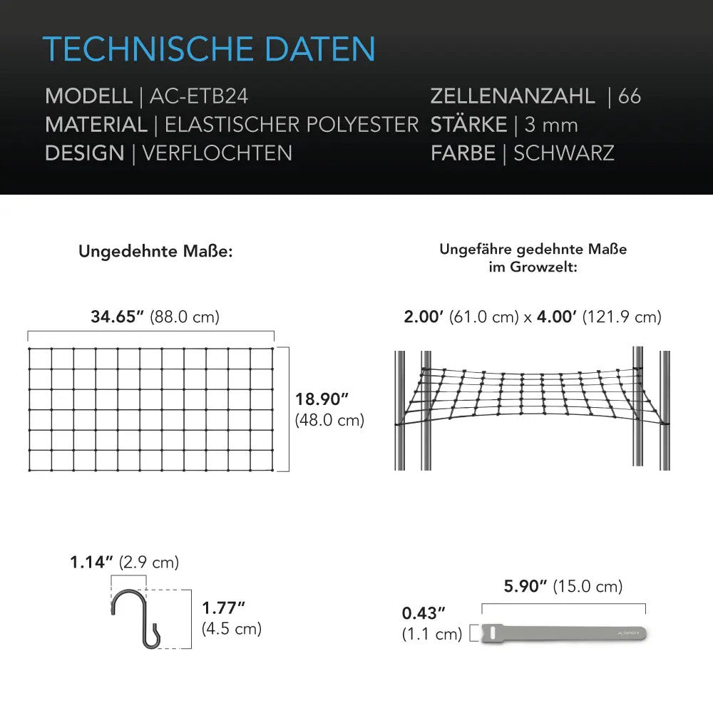AC Infinity Grow-Zelt-Gitternetz – Technische Daten und Maße
