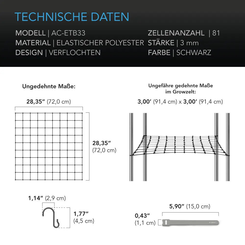 AC Infinity elastisches Grow-Zelt-Gitternetz – Technische Daten und Maße