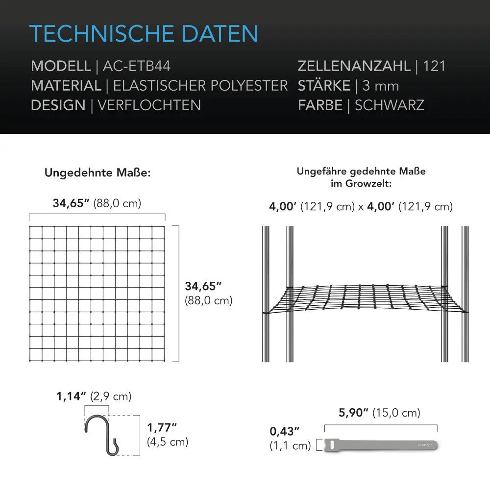 AC Infinity Grow-Zelt-Gitternetz – Technische Daten und Maße